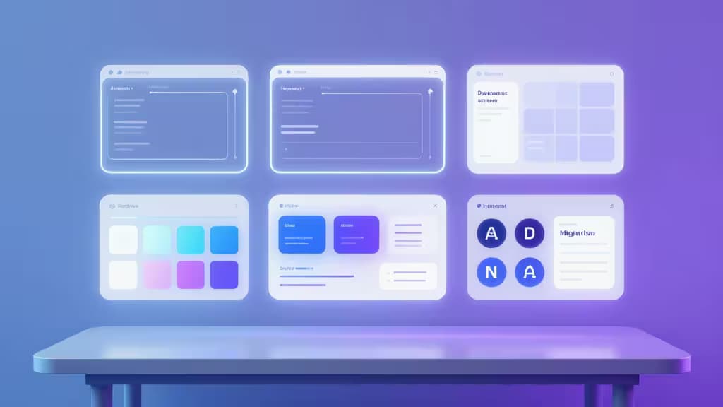 Glowing UI panels float above a sleek desk, displaying wireframes, color swatches, and typography in a futuristic AI design workflow.