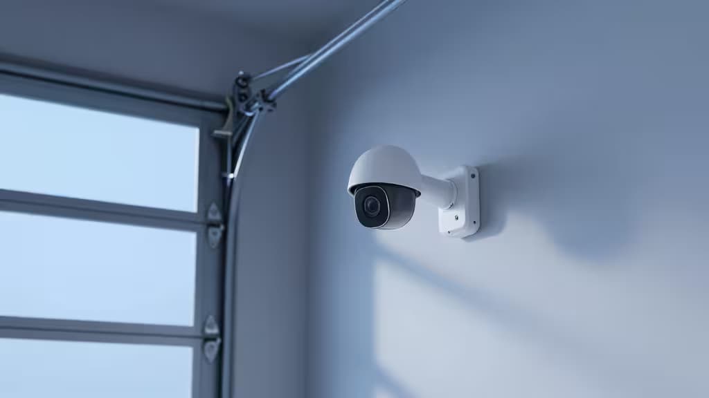 White dome security camera mounted on garage wall beside window, capturing twilight scene.
