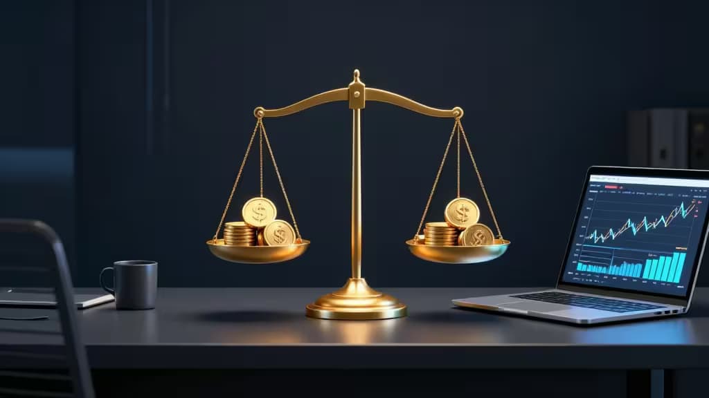 Golden scales balance dollar coins beside a laptop displaying financial charts, symbolizing corporate treasury stablecoin yield platform comparisons.