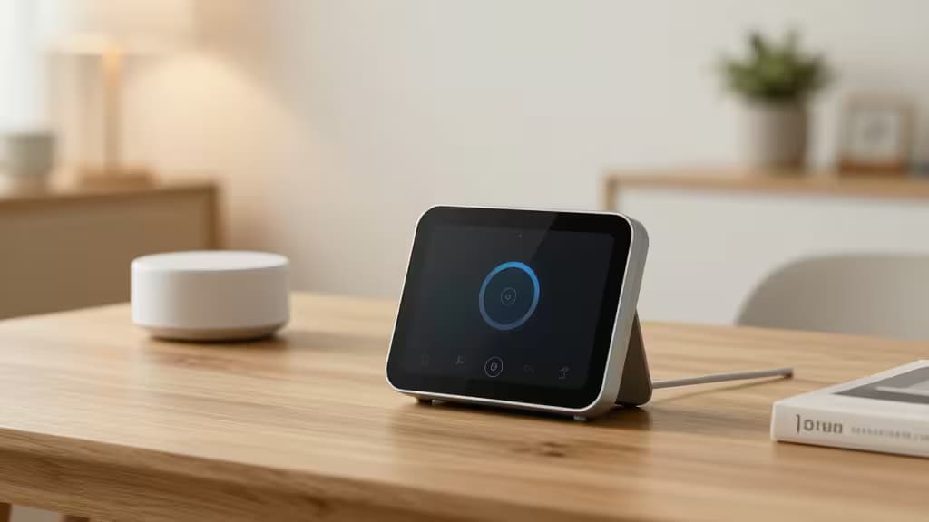 Google Nest Hub на деревянном столе показывает интерфейс Matter/Thread рядом с умной колонкой