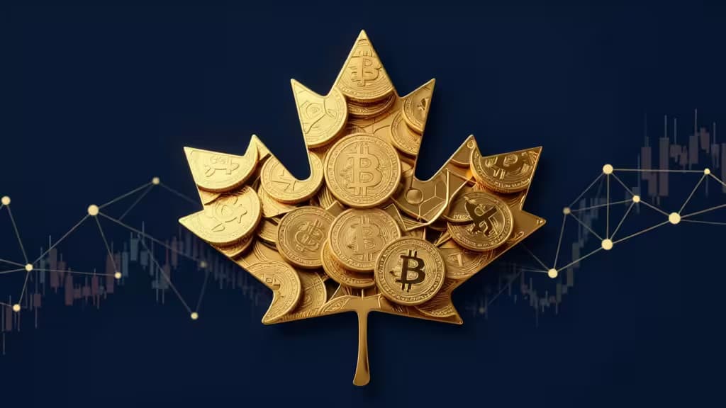 Golden Canadian maple leaf composed of Bitcoin and cryptocurrency coins, set against a dark blue background with subtle financial chart lines.