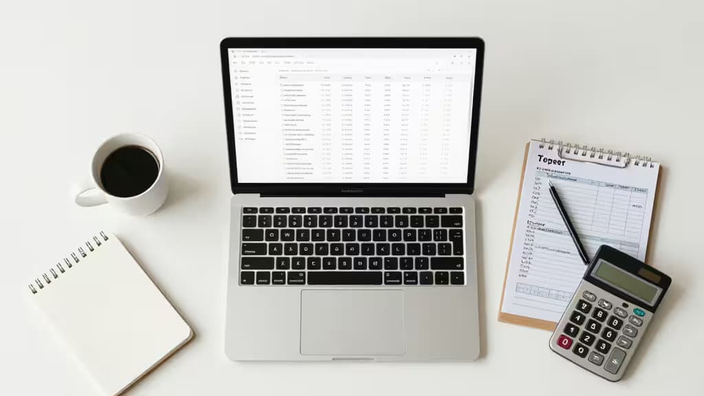 Un ordinateur portable affichant un tableur est posé à côté d'un carnet, d'une calculatrice et d'un café sur un bureau blanc.