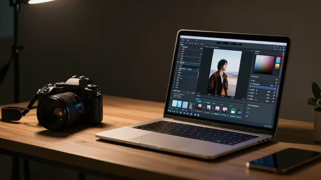 A DSLR camera sits beside a laptop displaying photo editing software on a wooden desk, illustrating AI-assisted photography workflow.