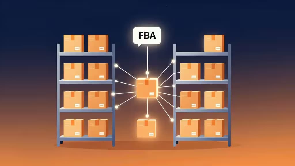 Glowing central package labeled "FBA" connects to shelves of orange boxes via white lines, symbolizing AI-driven Amazon FBA logistics.