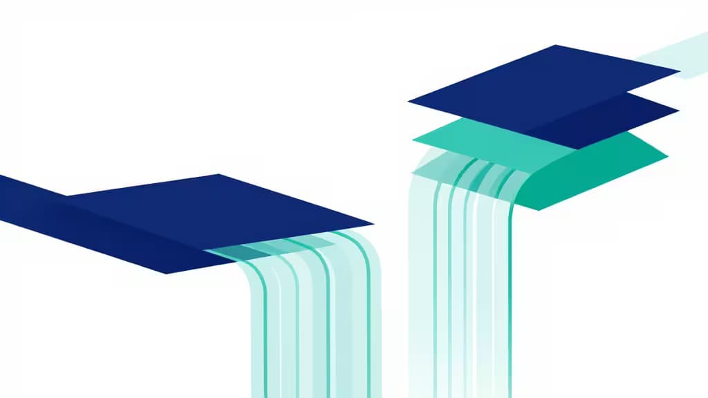 Abstract blue and teal geometric shapes flow downward, symbolizing seamless data migration for budget-conscious PostgreSQL developers.