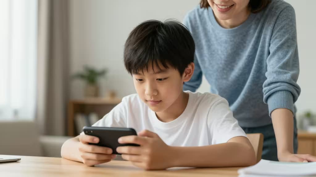 Ein Teenager schaut konzentriert auf ein Smartphone, während ein lächelnder Elternteil daneben steht und über die Schulter schaut.