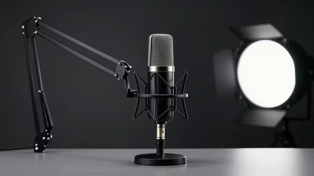 Microfone USB profissional montado em braço articulado sobre uma secretária com iluminação de estúdio suave