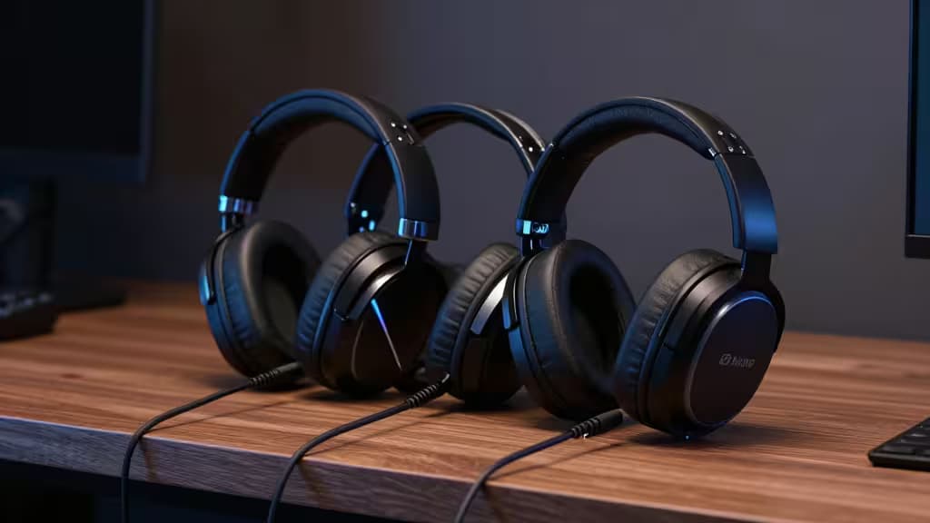 Três headsets gamers pretos com fio 3.5mm sobre uma mesa de madeira, posicionados em ângulo para exibição.