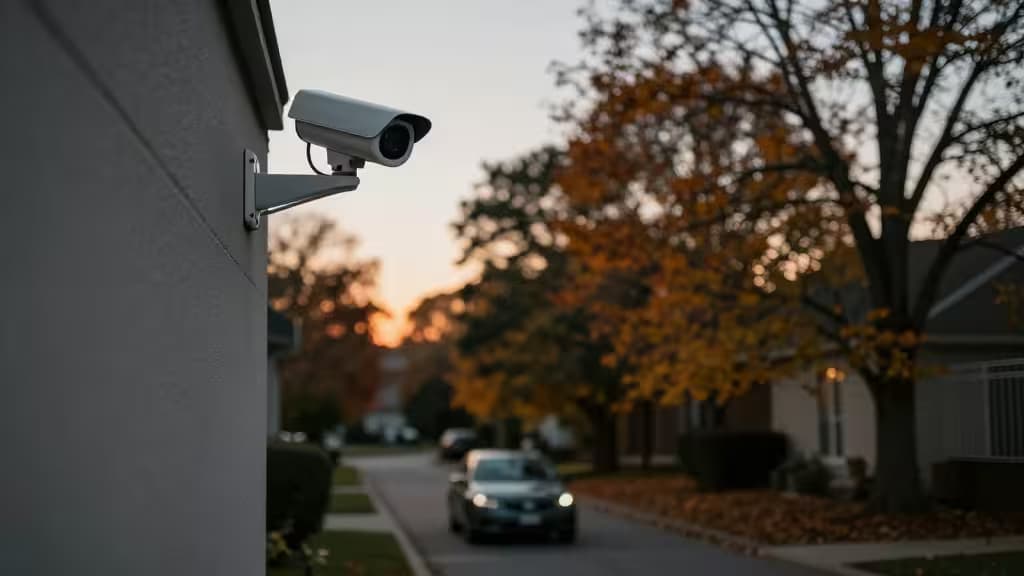 Une caméra de surveillance blanche de type bullet montée sur un mur en stuc beige surplombe une allée de banlieue au crépuscule.
