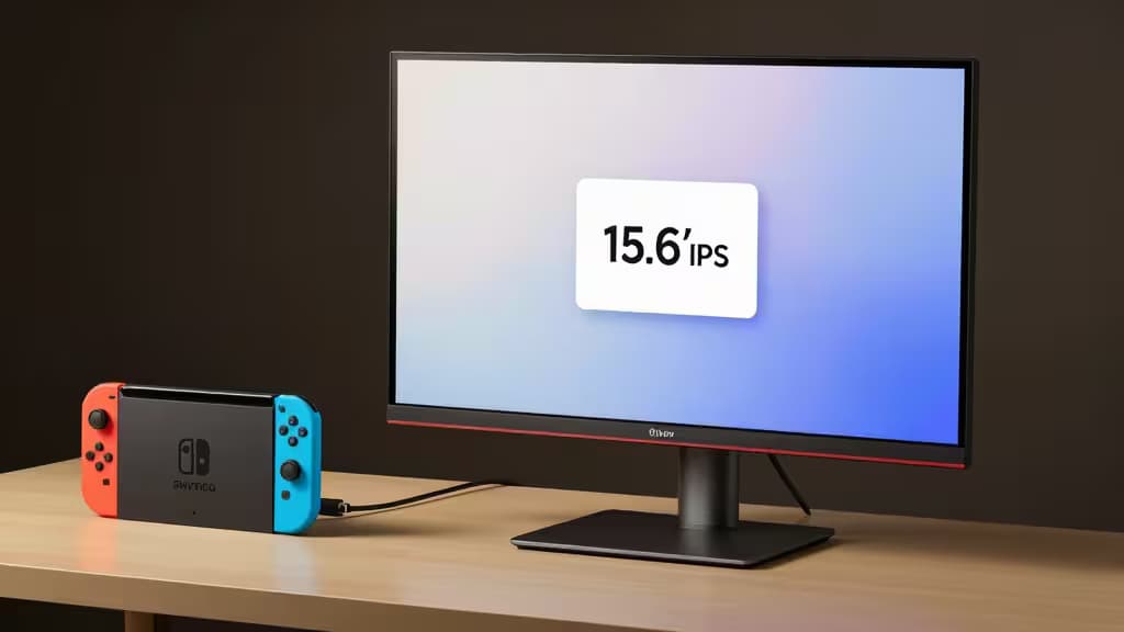 Ein 15,6-Zoll-IPS-Monitor steht neben einem Nintendo-Switch-Dock, verbunden über ein HDMI-Kabel auf einem Holztisch.
