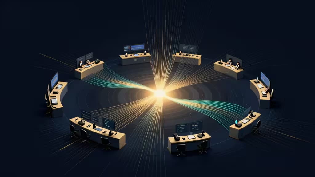 Visualisation abstraite d'un desk de trading institutionnel crypto avec des flux de données lumineux dorés et turquoise convergeant vers un nœud central lumineux