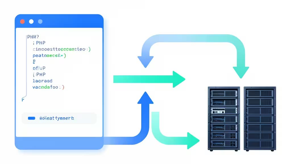 Blue code window with PHP snippets connects via arrows to server racks, illustrating CI/CD workflow.