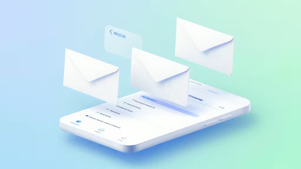 Illustration abstraite d'enveloppes et sous-comptes flottant au-dessus d'une interface d'application bancaire professionnelle sur fond dégradé bleu et vert