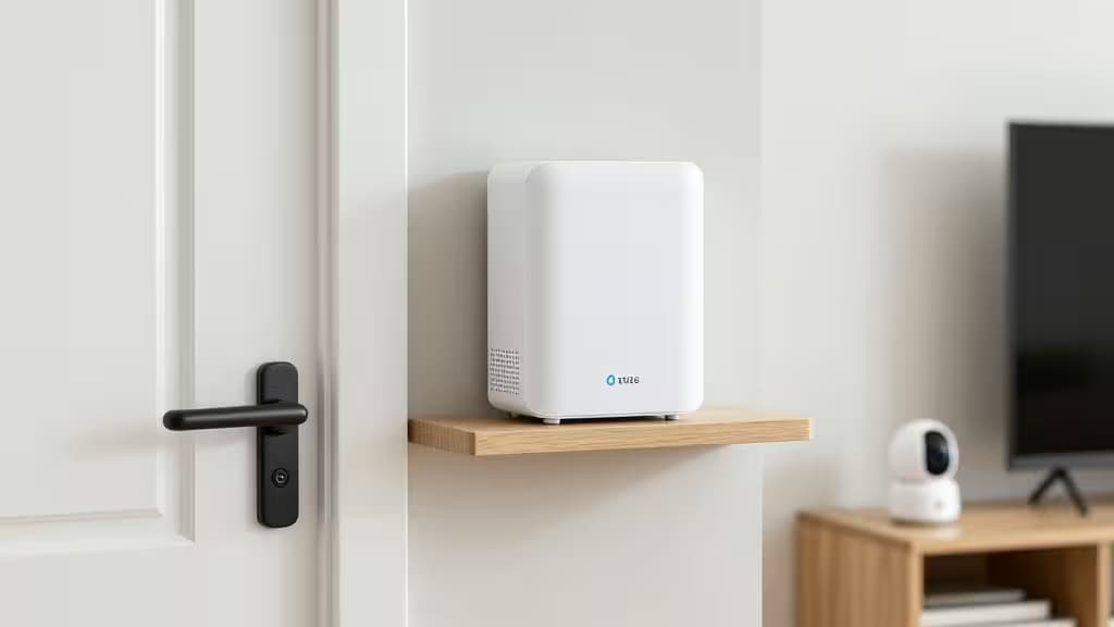 White smart hub on wooden shelf near door, part of renter-friendly security system with no drilling required