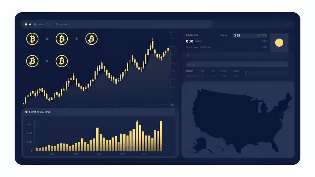 Dark blue trading dashboard displays gold Bitcoin symbols, candlestick charts, and a US map silhouette.