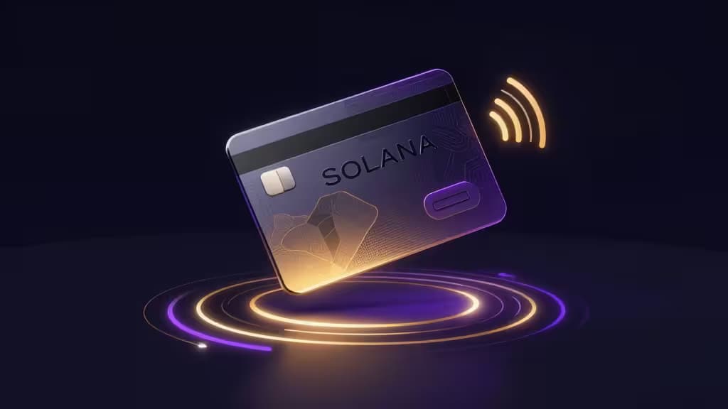 Eine leuchtende Solana-Karte schwebt über Neonringen und sendet drahtlose Signale vor dunklem Hintergrund.