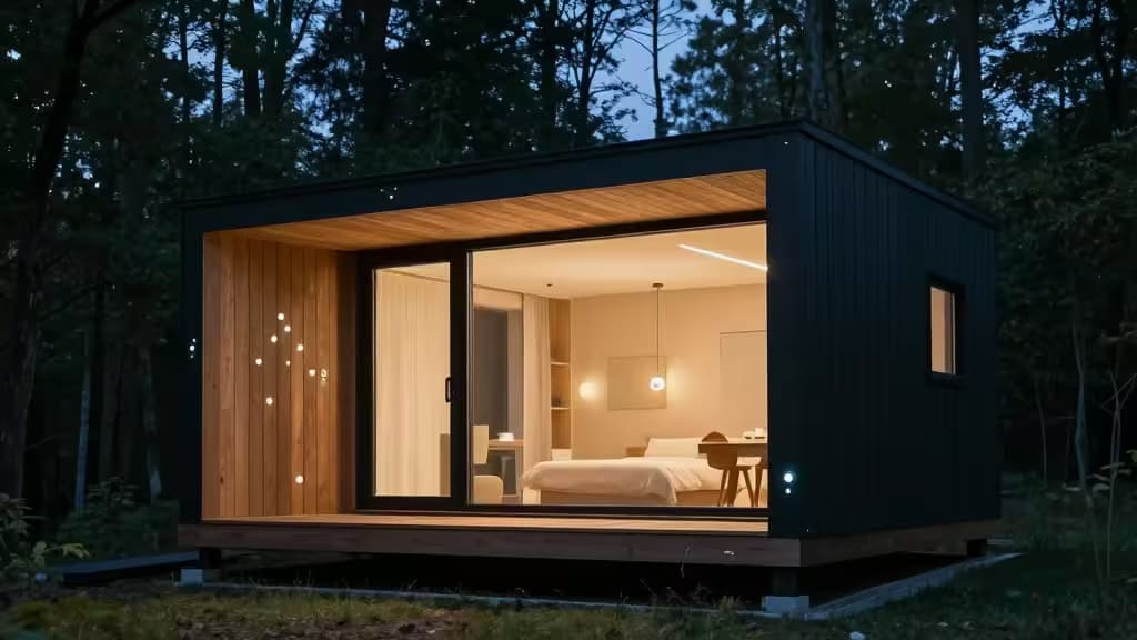 Modern black cabin with glowing interior and subtle smart sensor lights, nestled in forest at dusk.
