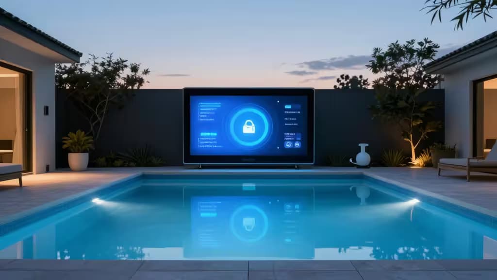 A large digital display floats above a modern pool at dusk, showing smart home controls with a glowing blue interface and lock icon.