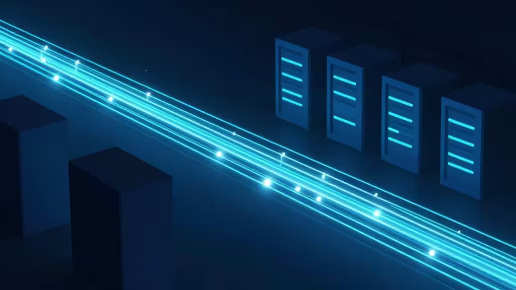 Abstract illustration of glowing fiber-optic light streams flowing through a dark server landscape, representing low-latency network connections for cloud gaming.