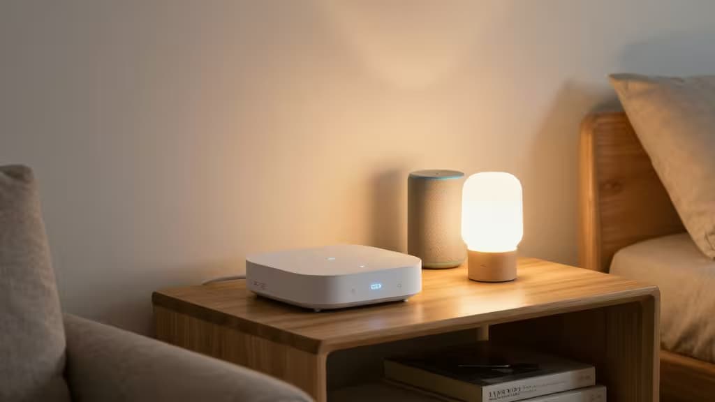 Un hub smart bianco, una lampada accesa e uno speaker su un comodino in legno accanto a un letto, atmosfera calda e accogliente