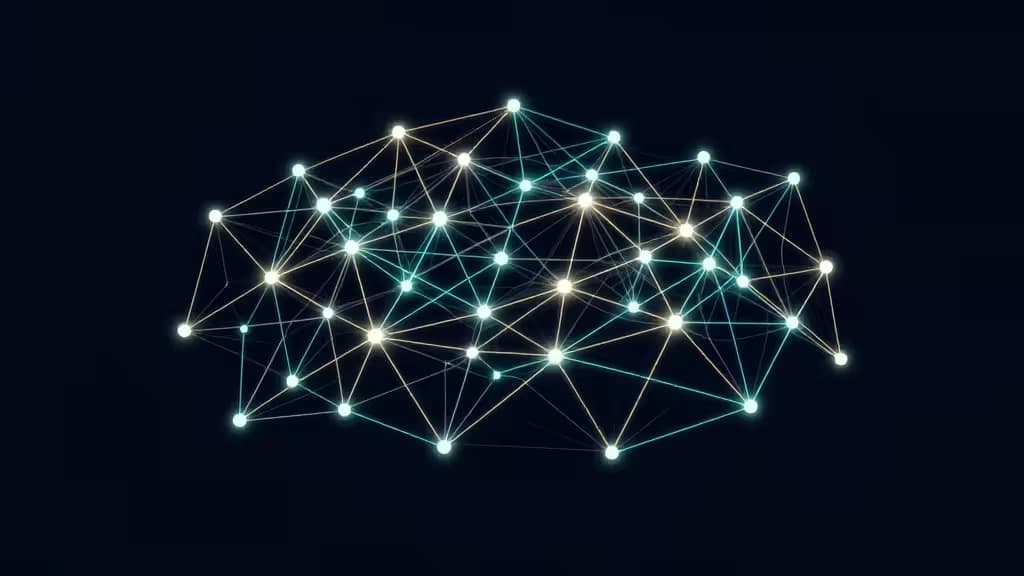 Abstrakcyjna wizualizacja topologii sieci mesh z połączonymi świecącymi węzłami na ciemnoniebieskim tle