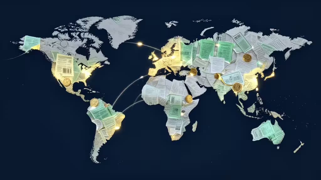 Carte du monde numérique avec pièces crypto lumineuses et documents fiscaux, symbolisant les solutions fiscales crypto internationales.