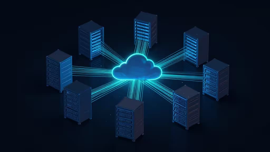 Glowing blue cloud connects eight server racks via data streams, symbolizing AI agent hosting infrastructure.