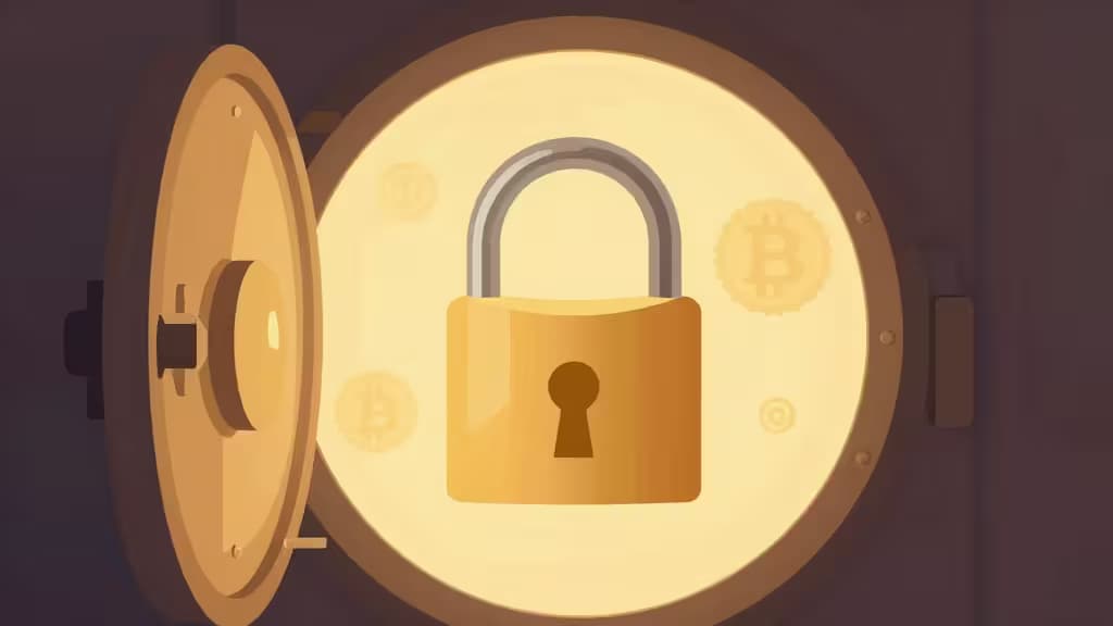 A golden padlock secures glowing Bitcoin coins inside an open vault door, symbolizing safe, simple crypto storage for retirees.