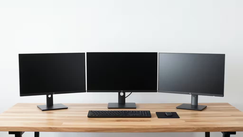 Three black monitors on wooden desk with keyboard and mouse, no visible monitor arms.