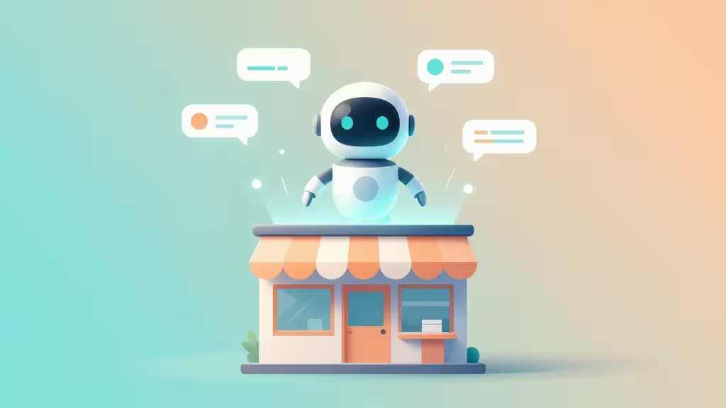 Un robot brillante flota sobre una tienda en tonos pastel, rodeado de burbujas de chat sobre un fondo de degradado suave.