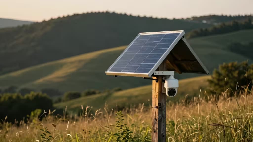 Cámara de seguridad solar montada en el poste de una cabaña remota durante el atardecer, con panel solar captando la luz dorada sobre un paisaje rural de colinas y bosque.