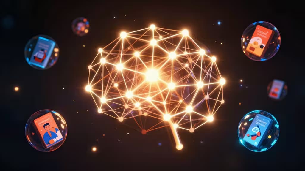 Réseau de neurones lumineux entouré de bulles de produits numériques flottantes sur fond sombre.
