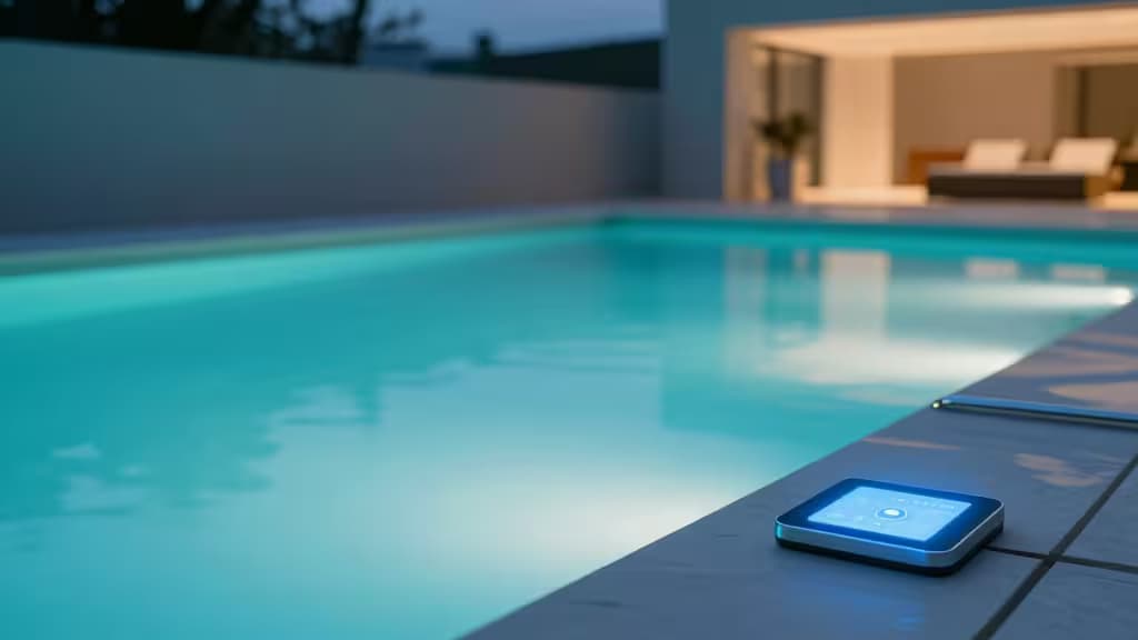 Glowing smart control panel rests on grey pool tiles beside turquoise water, with modern home interior softly lit in background at dusk.