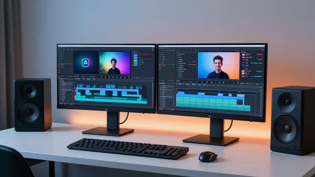 Dual-monitor setup displays AI-enhanced video editing software with vibrant interface and professional speakers.