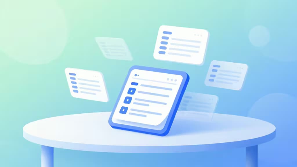 Abstract illustration of AI-powered bookkeeping with floating digital transaction cards being automatically sorted into categories on a clean modern desk