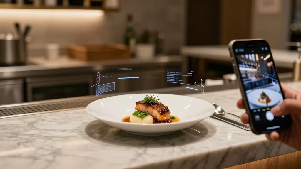 Hand hält Smartphone und fotografiert Lachs auf weißem Teller, mit holographischen KI-Daten-Overlays über Marmor-Arbeitsplatte in moderner Küche.