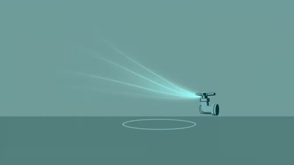 Abstract illustration of a smart home basement with glowing blue water-sensor lines, a central shut-off valve, and faint humidity waves in a muted teal and slate palette.