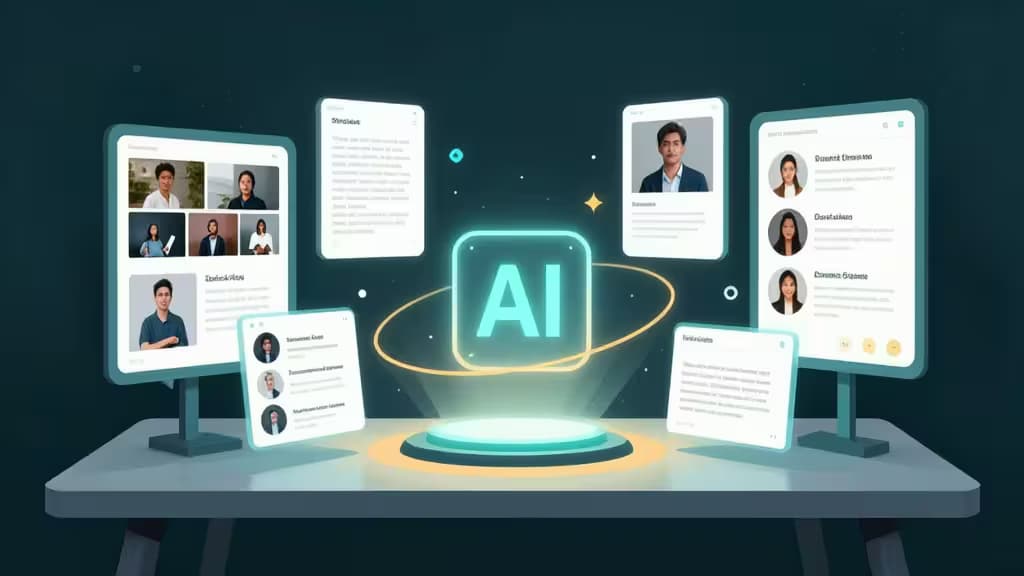 Glowing holographic AI core surrounded by floating digital panels displaying diverse content creators and interface elements.