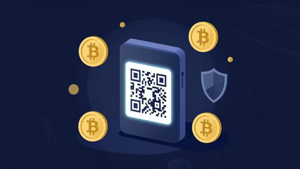 Un código QR brillante en una hardware wallet azul, rodeado de monedas de Bitcoin doradas y un escudo translúcido, simbolizando la protección segura de activos cripto.