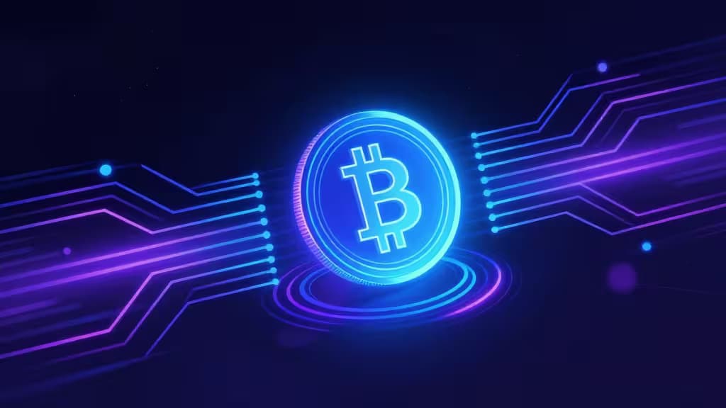 Ilustración abstracta de una moneda criptográfica brillante atravesando una pasarela de pago futurista con líneas de velocidad y patrones de circuito en tonos azul y púrpura