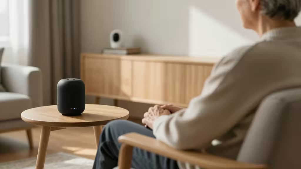 Elderly person sits in wooden chair, facing smart speaker on round table in sunlit living room.