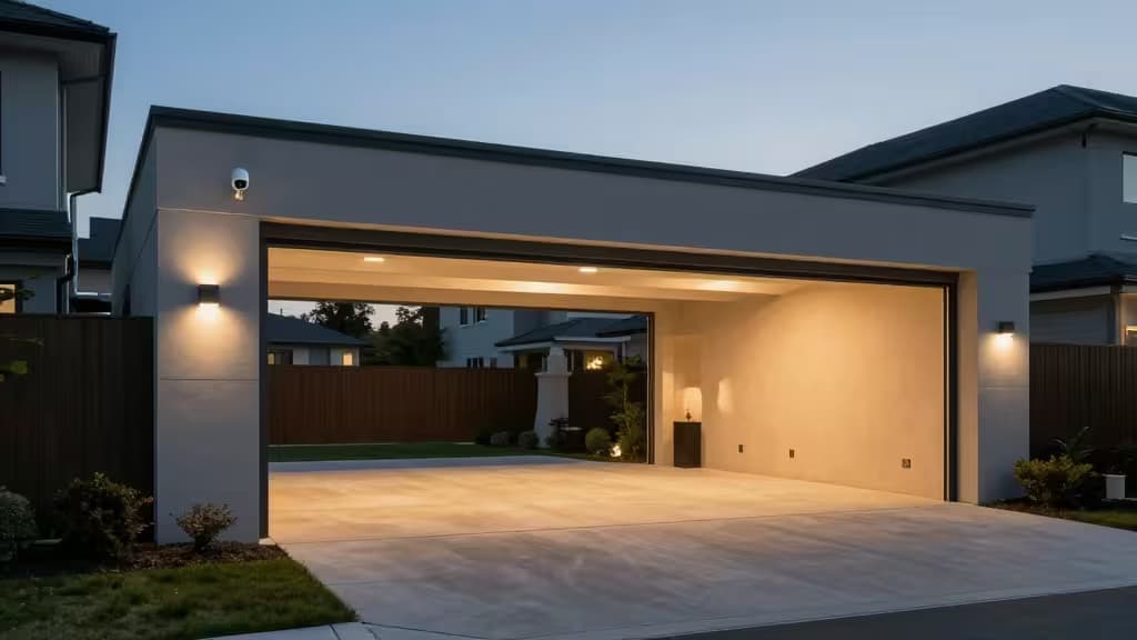 Modern driveway with sleek security camera mounted above garage, illuminated by warm outdoor lights.