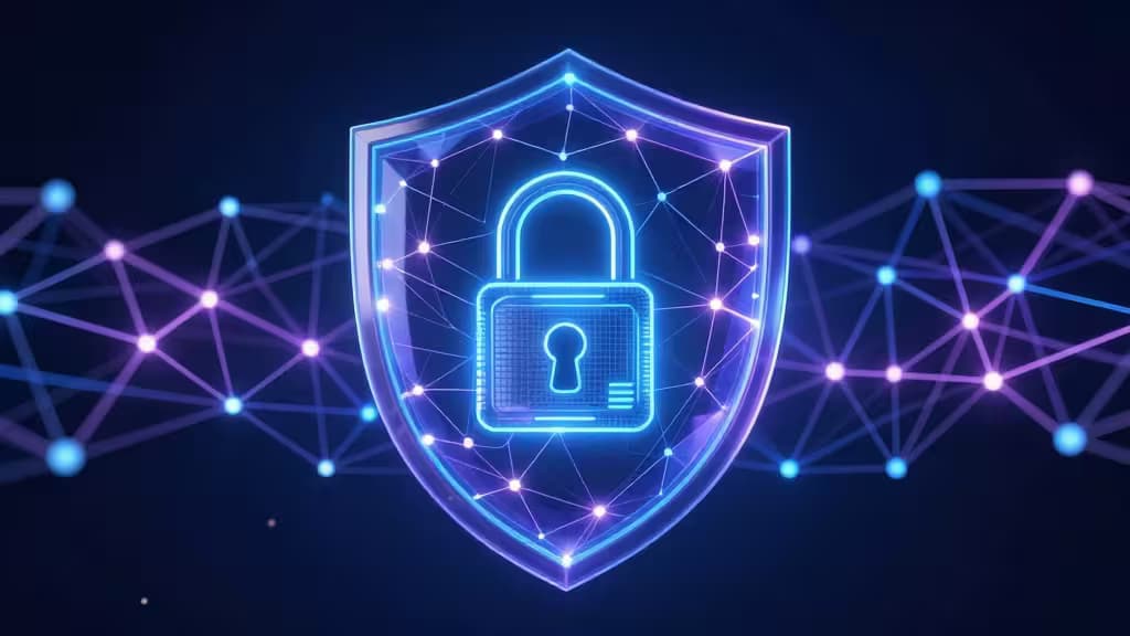 A glowing blue shield with a padlock icon protects a network tunnel against quantum threats.