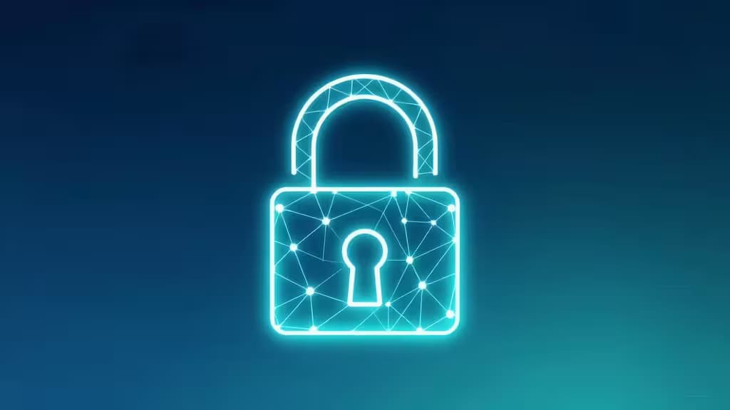 Glowing cyan padlock with network nodes on dark blue gradient background.