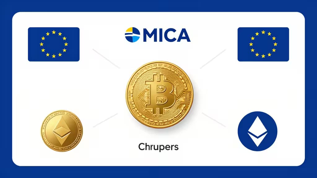 Overzicht van crypto exchanges met MiCA-logo, EU-vlaggen, Bitcoin- en Ethereum-munten op een blauwe professionele achtergrond.