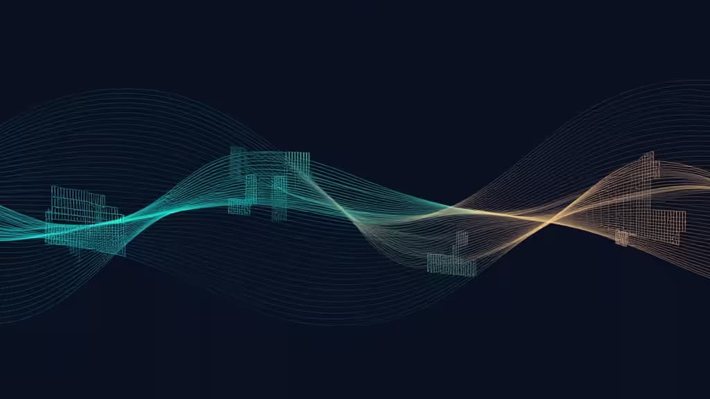 Abstract teal and gold wireframe waves flow across a dark background, symbolizing data streams for affordable log management solutions.