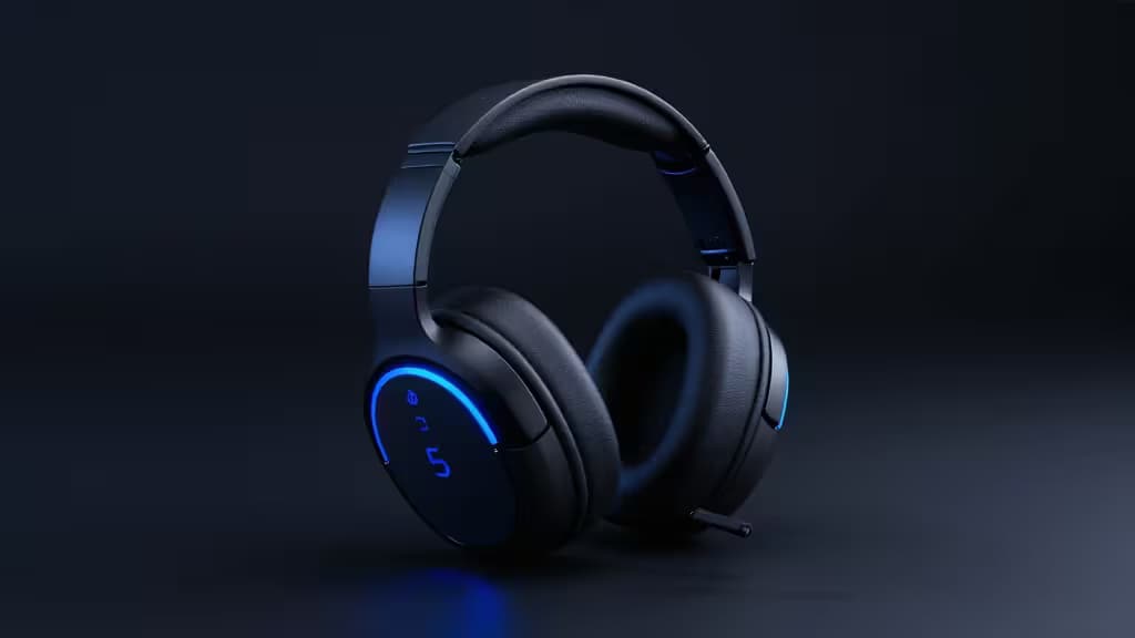 Sleek black PS5 gaming headset with glowing blue LED accents and premium leather earcups.