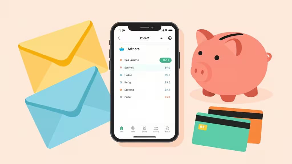 Illustration éditoriale d'un concept de budget familial : smartphone affichant une application de budget, enveloppes d'épargne colorées, tirelire d'enfant et cartes de débit sur fond pastel.