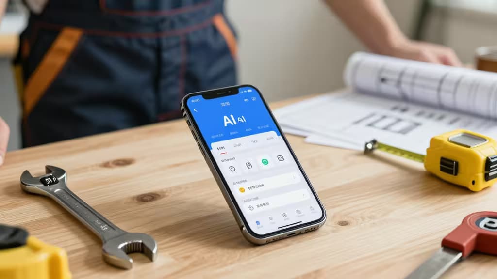 Smartphone displaying AI app on wooden workbench beside wrench, tape measure, and blueprints.
