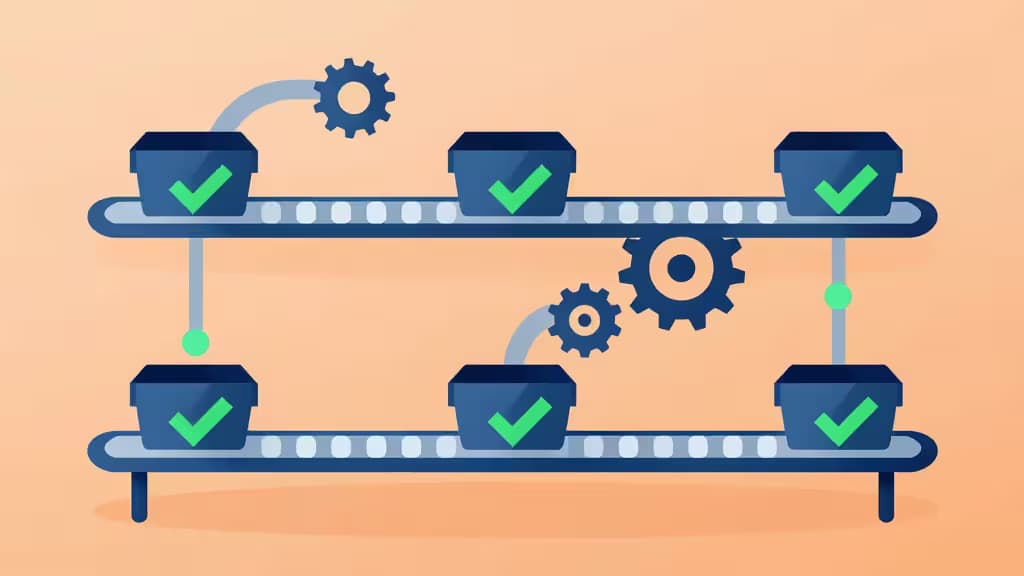 Abstract illustration of Rust cargo crates flowing through a continuous integration pipeline with conveyor belts and green checkmarks in warm orange and steel-blue tones
